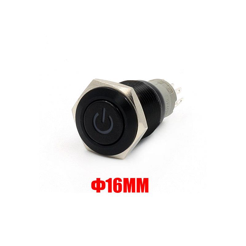 16mm Blue Power Symbol 6V LED On/off Push Button Metal Switch Momentary, Black