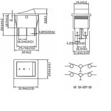 6 Pin DPDT Black Button On/Off/On Rocker Switch