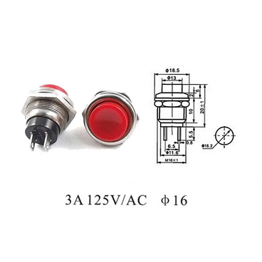 16mm Red/Black Round Momentary Push Button Switch 3A 125V 1.5A 250VAC