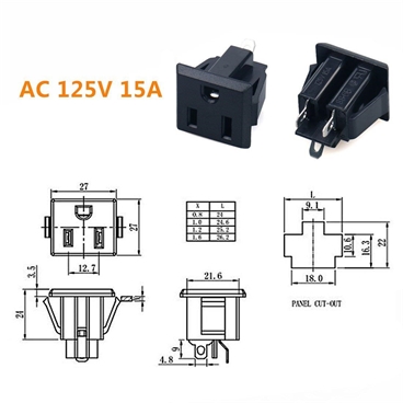 USA 3 Pins Panel Mount Power Socket Plug Black AC 125V 15A