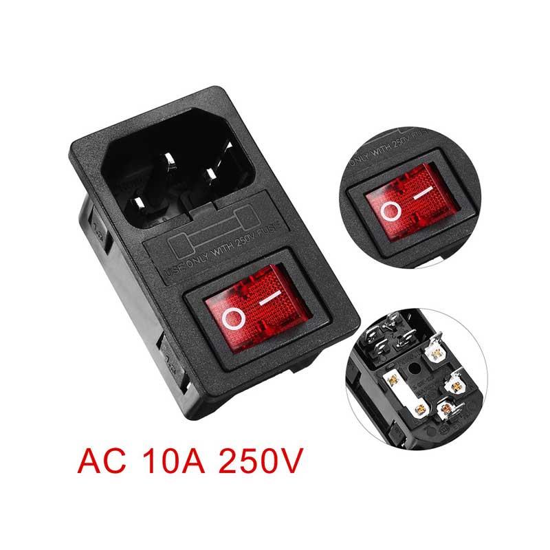 Male Power Socket IEC320 C14 AC250V 10A Inlet Module Plug with Fuse Holer Red Rocker Switch