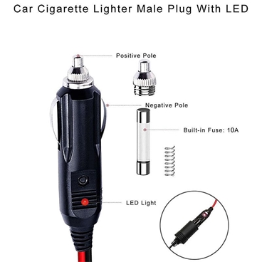 Car Cigarette Lighter Plug Connector with Fuse & LED